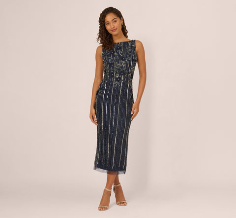 Sleeveless 3D Beaded Ankle Length Dress In Navy Gunmetal