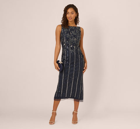 Sleeveless 3D Beaded Ankle Length Dress In Navy Gunmetal