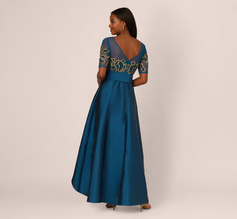 Bead Taffeta High Low Long Dress In Teal Sapphire Gold