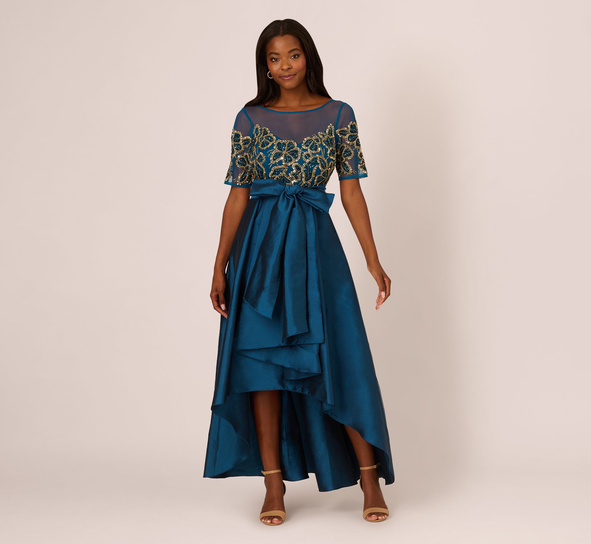 Bead Taffeta High Low Long Dress In Teal Sapphire Gold 1