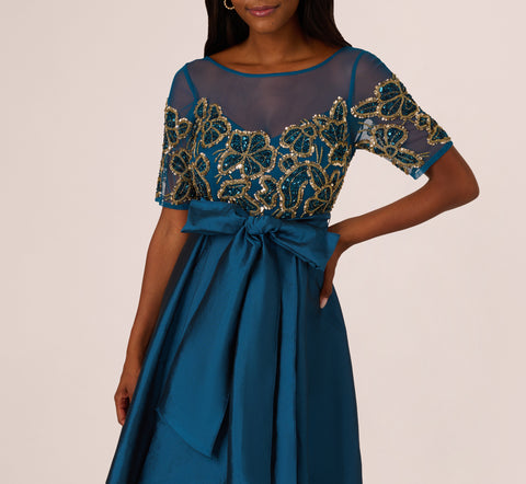 Bead Taffeta High Low Long Dress In Teal Sapphire Gold