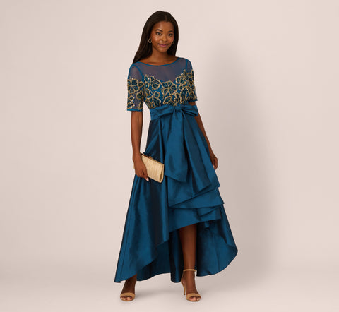 Bead Taffeta High Low Long Dress In Teal Sapphire Gold