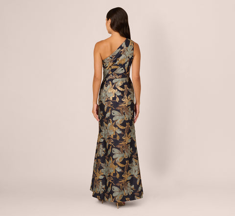 One Shoulder Jacquard Dress In Blue Gold