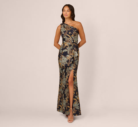 One Shoulder Jacquard Dress In Blue Gold