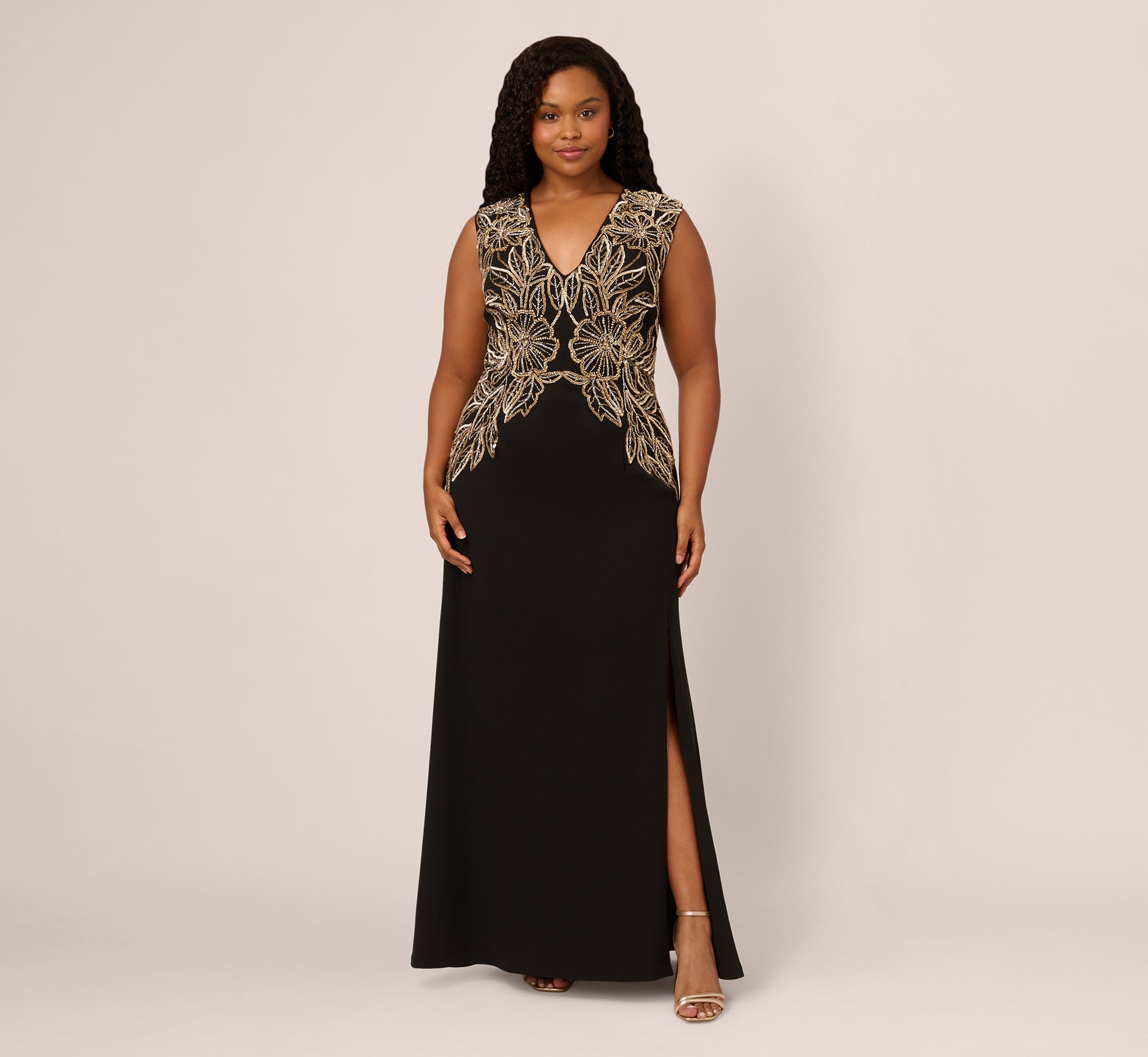 Plus Size Beaded Crepe Long Dress In Black 1