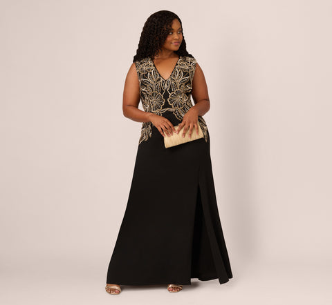 Plus Size Beaded Crepe Long Dress In Black