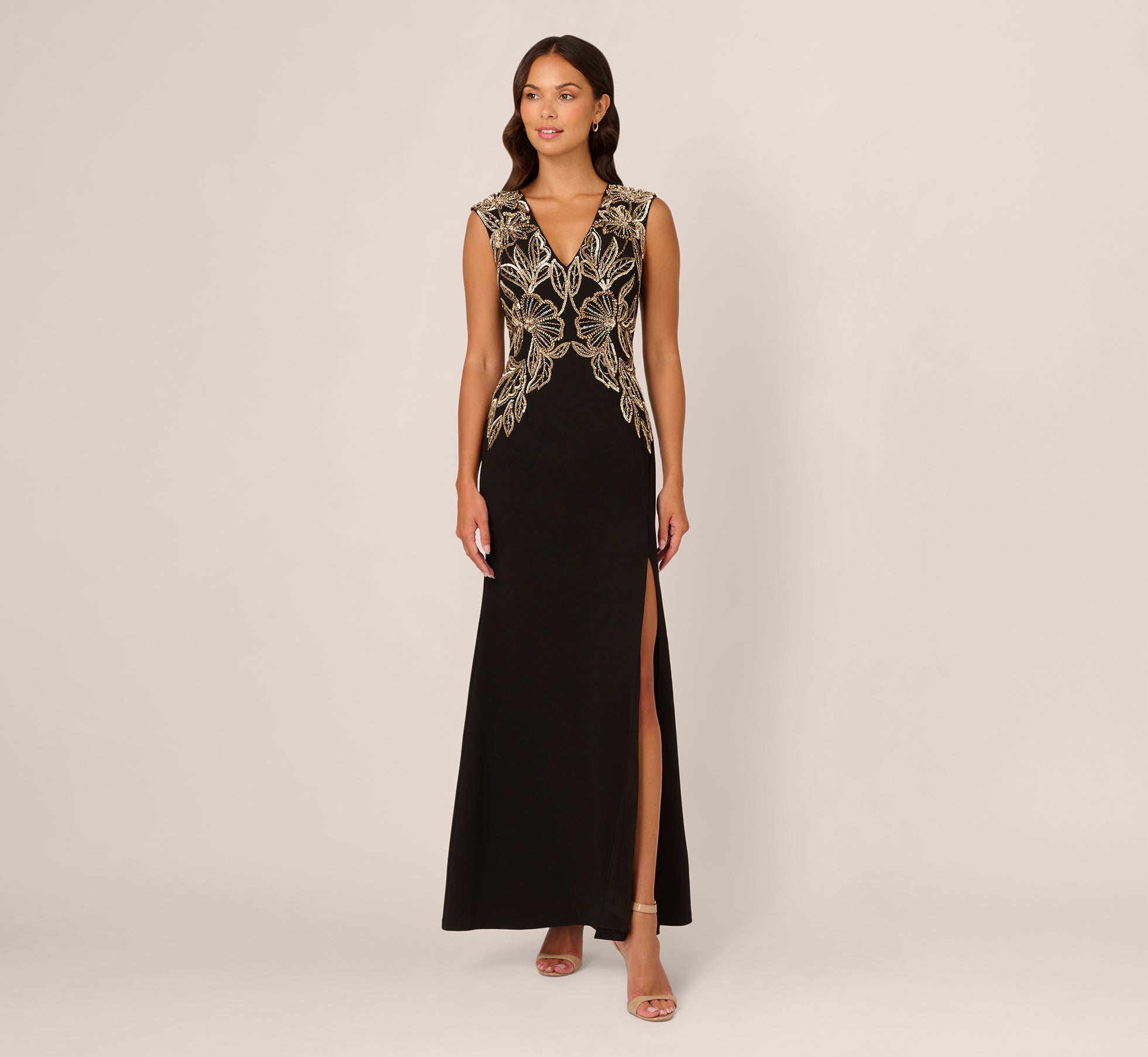 Beaded Crepe Long Dress In Black 1