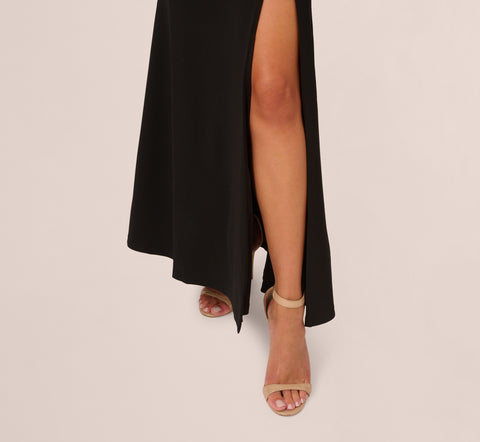 Beaded Crepe Long Dress In Black