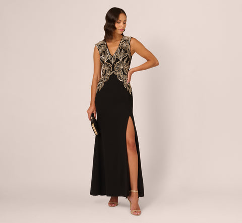 Beaded Crepe Long Dress In Black