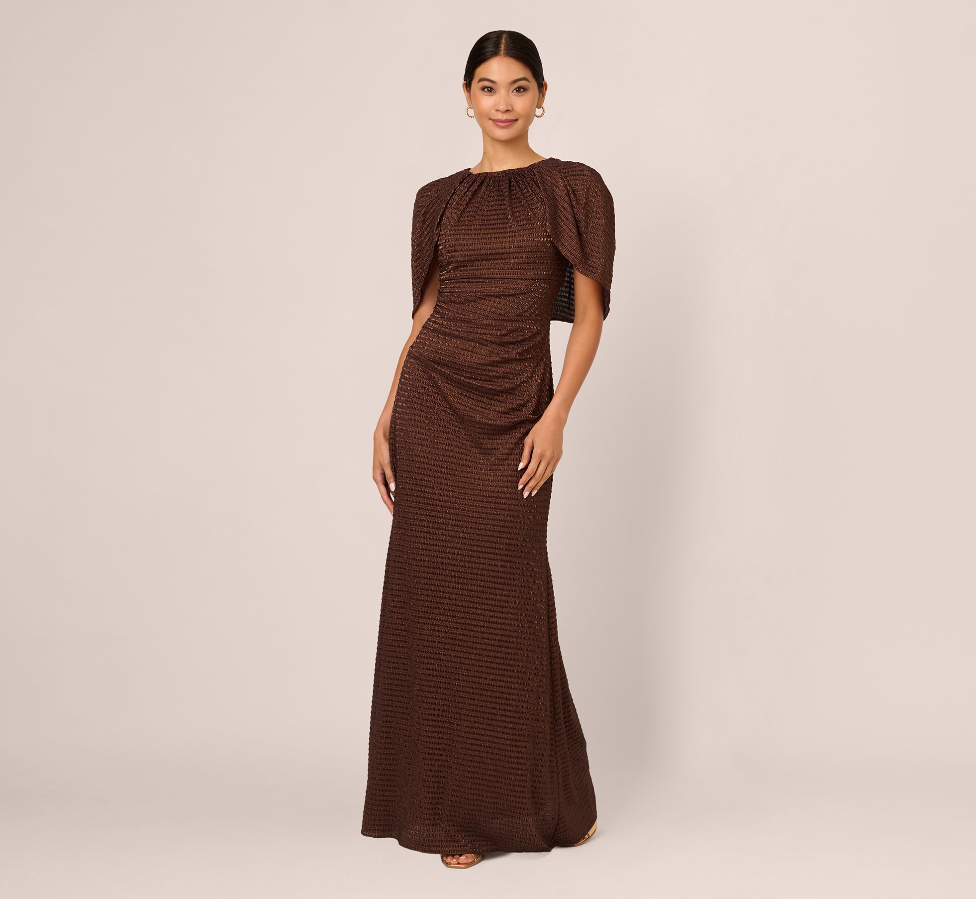 Pleated Metallic Cape Gown In Bronze 1