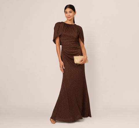 Pleated Metallic Cape Gown In Bronze