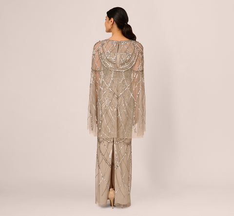 Illusion Beaded Cape Dress In Platinum