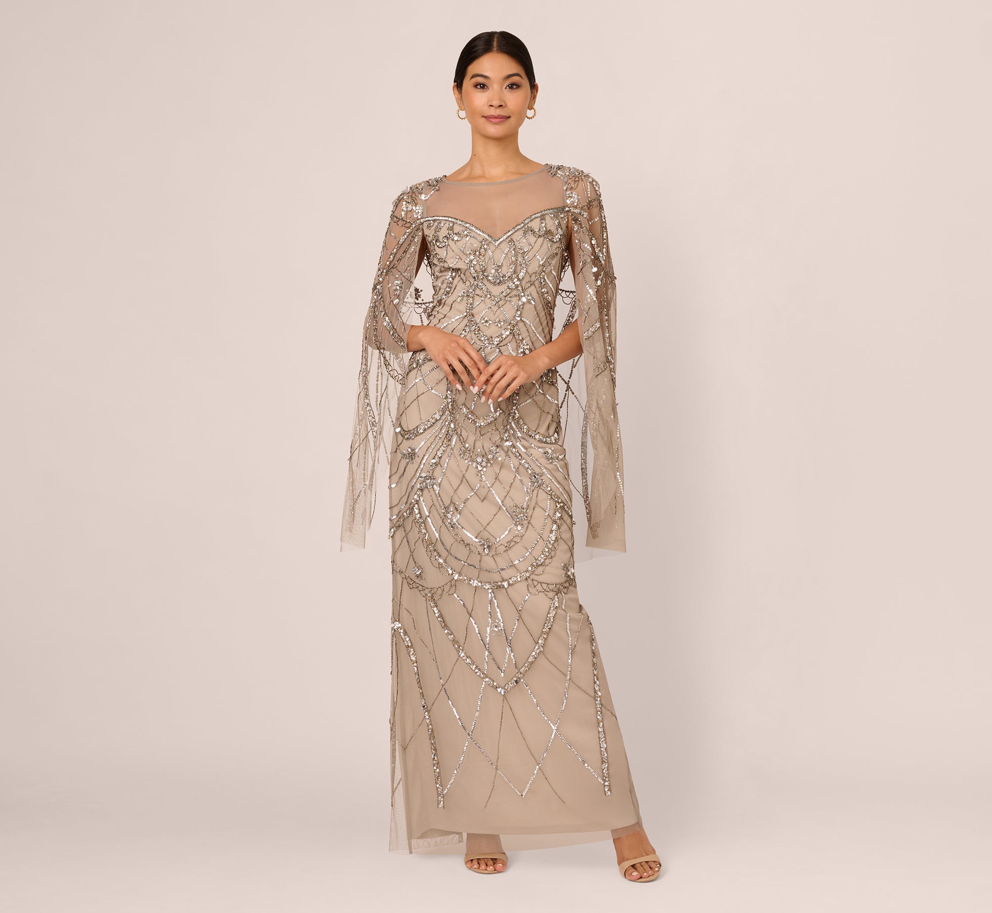 Illusion Beaded Cape Dress In Platinum 1