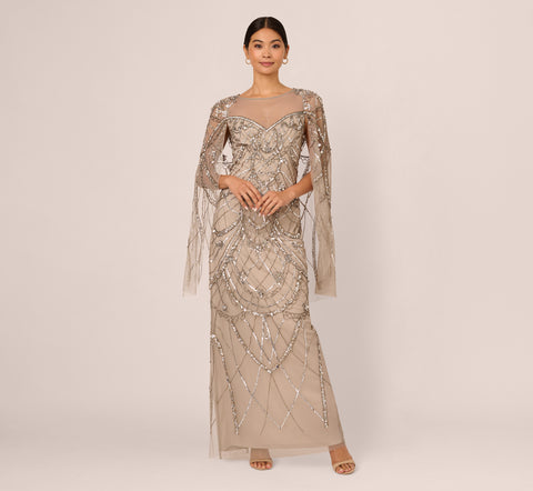 Illusion Beaded Cape Dress In Platinum