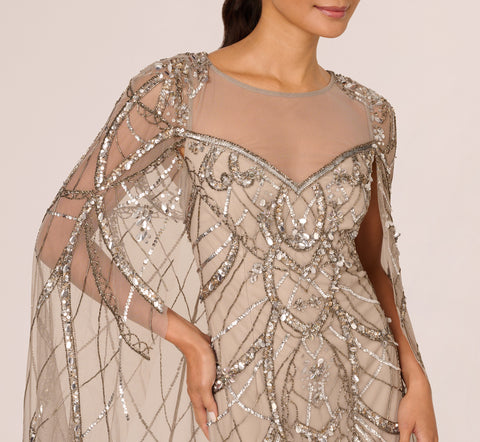 Illusion Beaded Cape Dress In Platinum