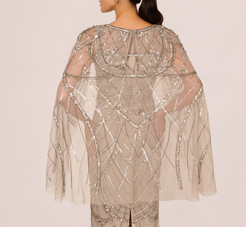 Illusion Beaded Cape Dress In Platinum