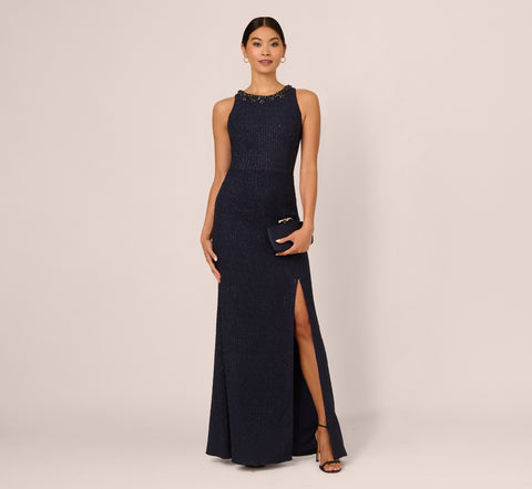 Glitter Boucle Stretch Gown In Navy