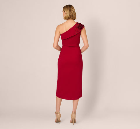 Beaded Crepe One Shoulder Wrap Dress In Cranberry