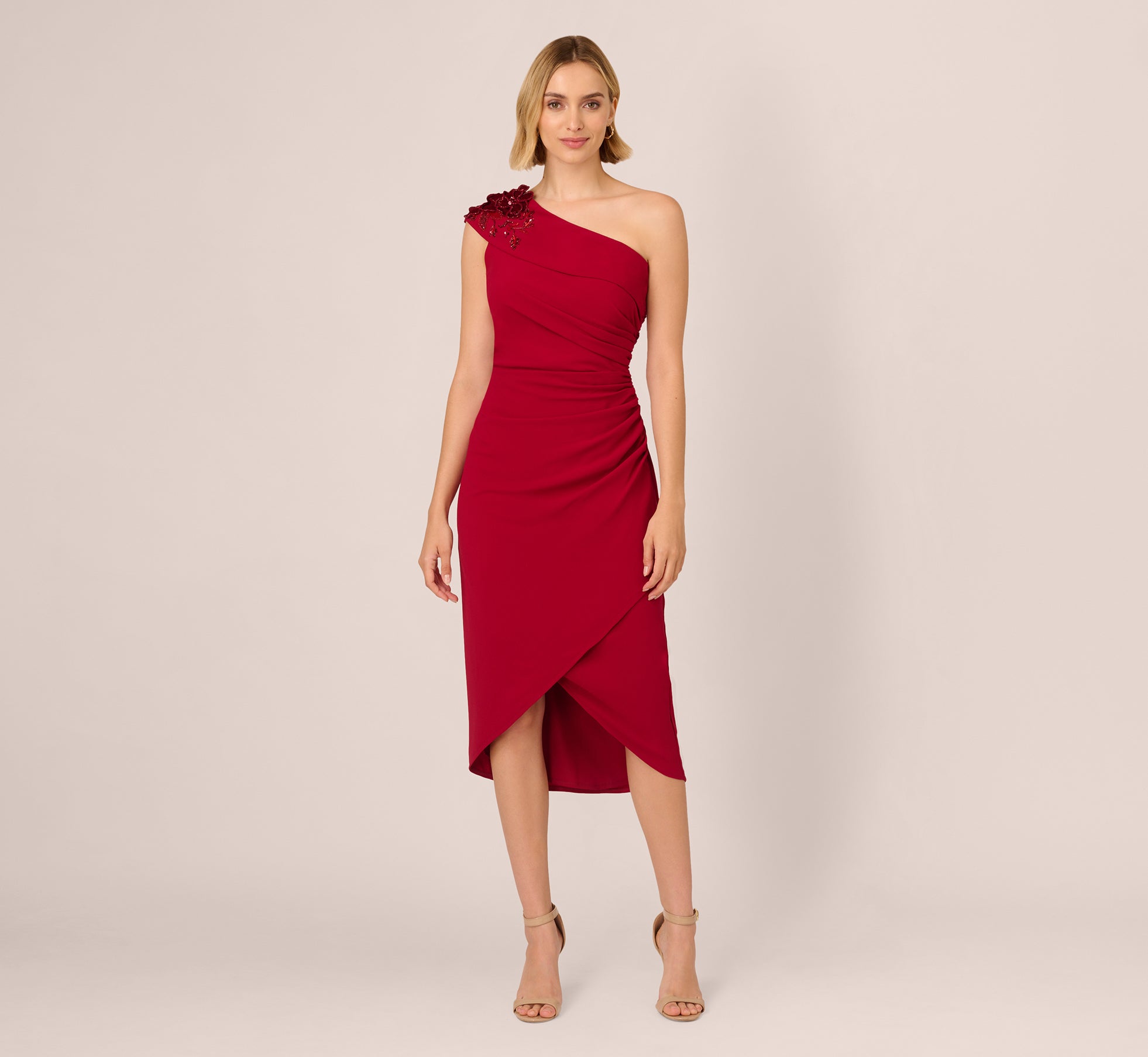 Beaded Crepe One Shoulder Wrap Dress In Cranberry 1