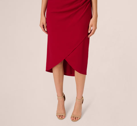 Beaded Crepe One Shoulder Wrap Dress In Cranberry