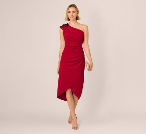 Beaded Crepe One Shoulder Wrap Dress In Cranberry