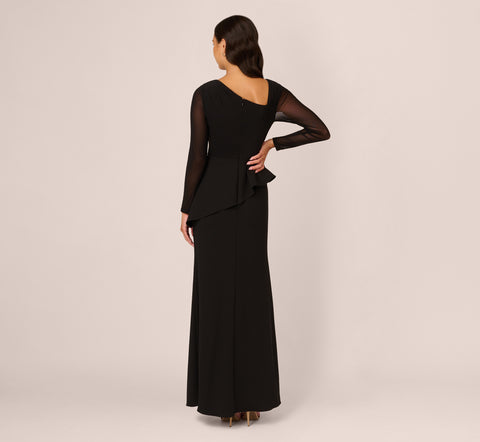 Knit Crepe Combo Mesh Gown In Black