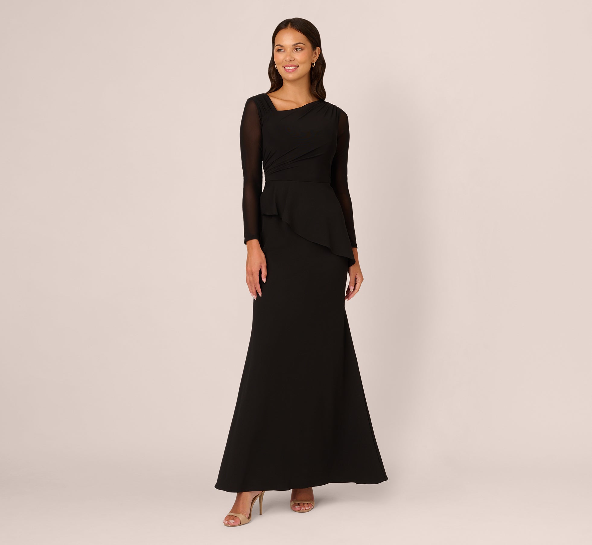 Knit Crepe Combo Mesh Gown In Black 1