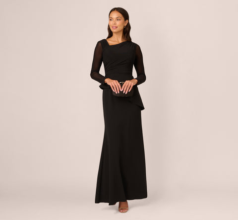 Knit Crepe Combo Mesh Gown In Black