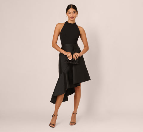 Crepe Combo Taffeta Dress In Black