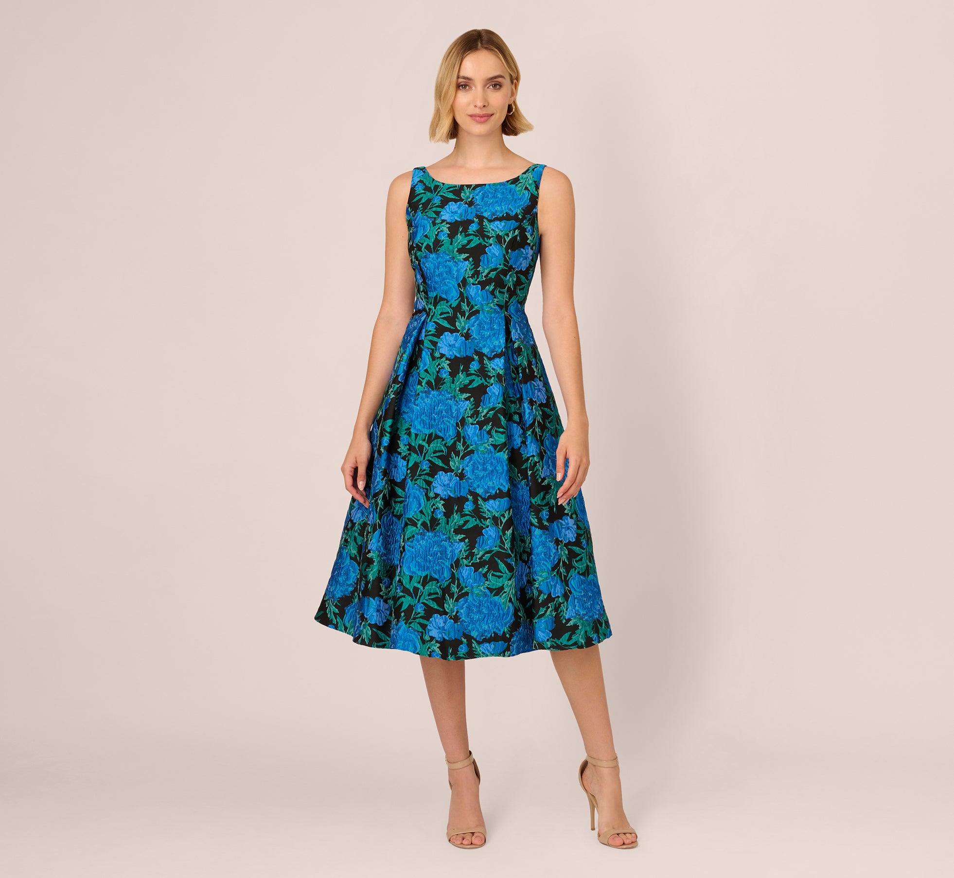 Boat Neck Jacquard Midi Dress In Blue Green 1