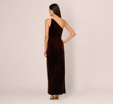 One Shoulder Draped Velvet Gown With Chain Accent In Dark Brown