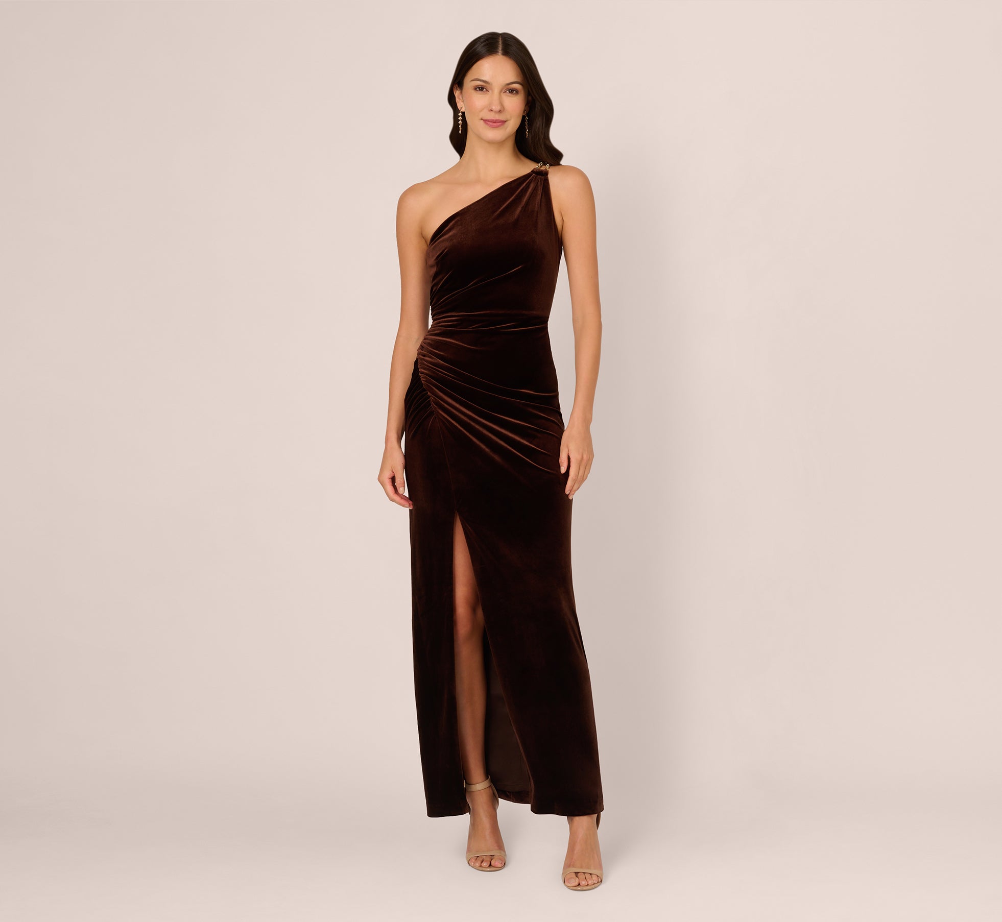 One Shoulder Draped Velvet Gown With Chain Accent In Dark Brown 1