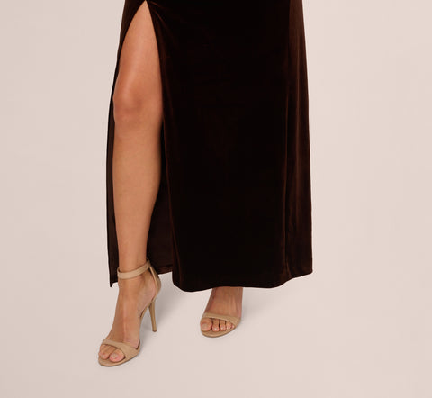 One Shoulder Draped Velvet Gown With Chain Accent In Dark Brown