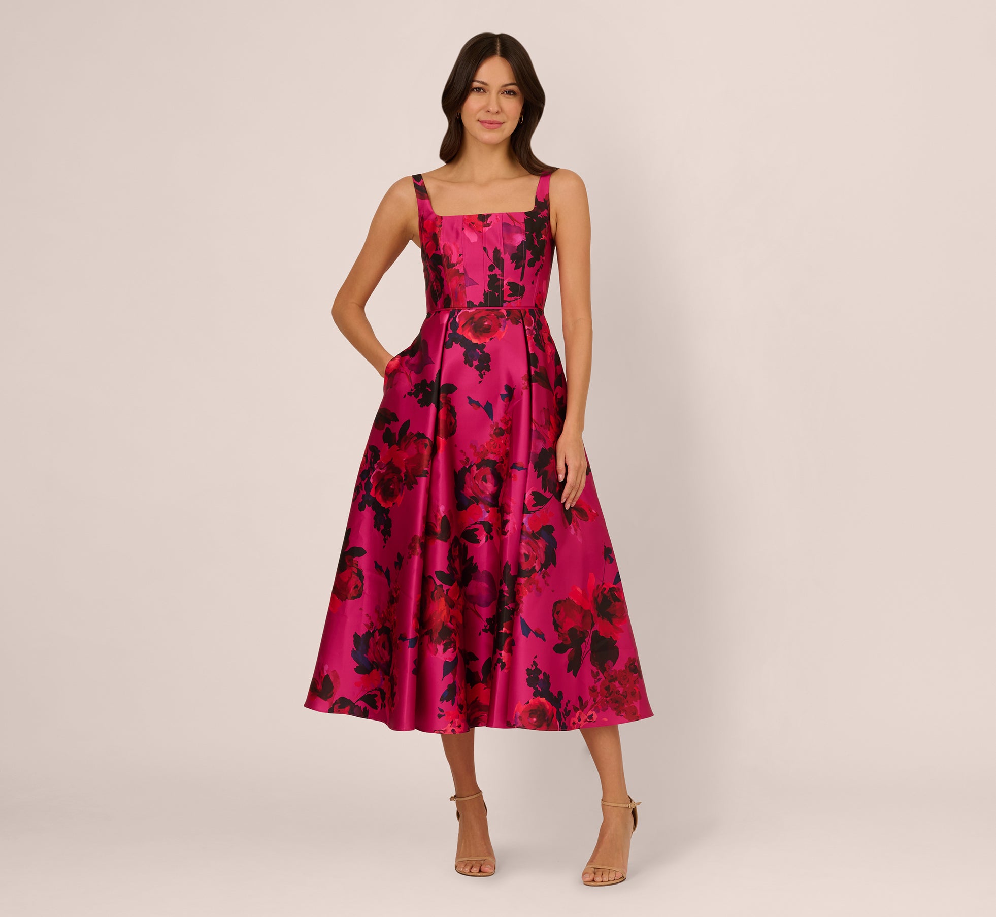 Sleeveless Fit And Flare Rose Jacquard Ankle Length Dress In Pink Multi 1