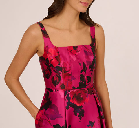 Sleeveless Fit And Flare Rose Jacquard Ankle Length Dress In Pink Multi