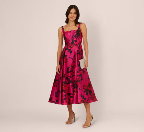 Sleeveless Fit And Flare Rose Jacquard Ankle Length Dress In Pink Multi