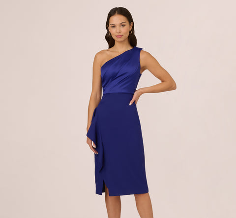 One Shoulder Ruffle Midi Sheath Dress In Dark Blue Violet