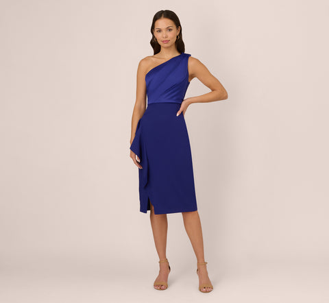 One Shoulder Ruffle Midi Sheath Dress In Dark Blue Violet