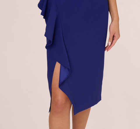 One Shoulder Ruffle Midi Sheath Dress In Dark Blue Violet