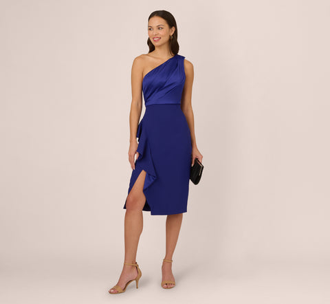 One Shoulder Ruffle Midi Sheath Dress In Dark Blue Violet