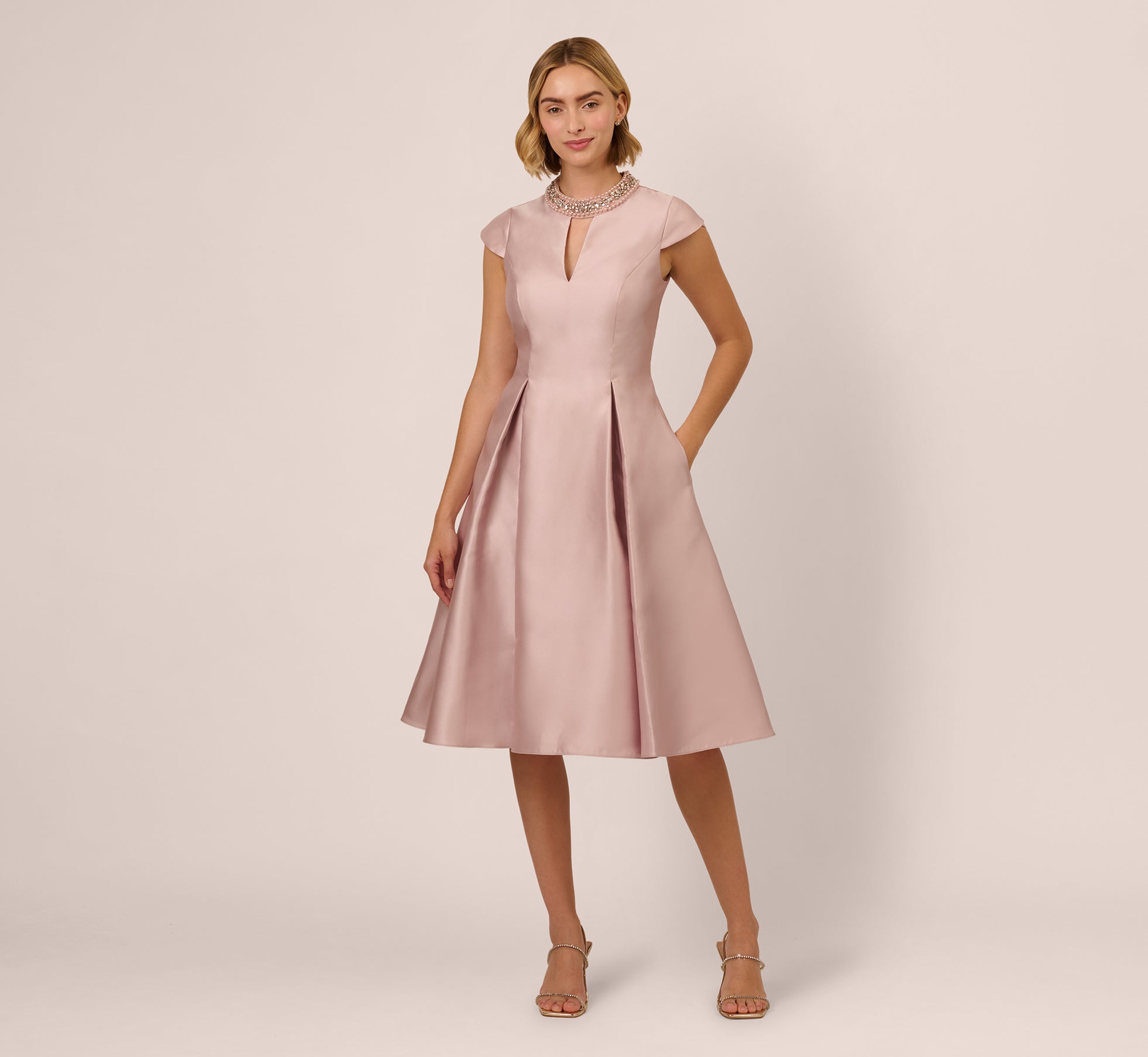 Key Hole Mikado Cap Sleeve Midi Dress In Bellini 1