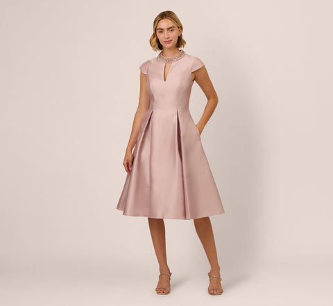 Key Hole Mikado Cap Sleeve Midi Dress In Bellini