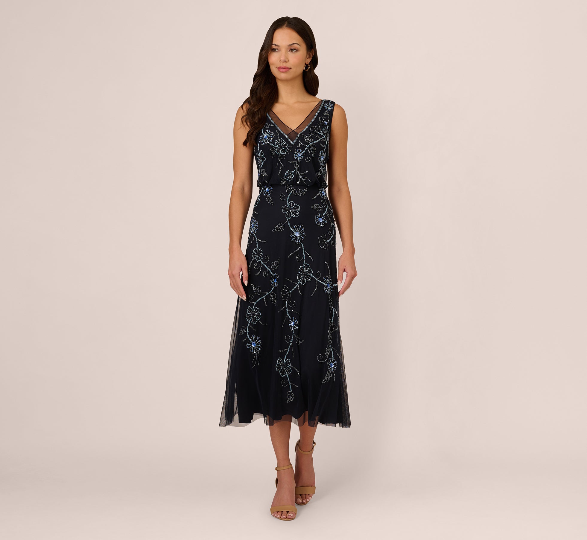 Sleeveless Beaded Blouson Midi Dress In Midnight Multi 1