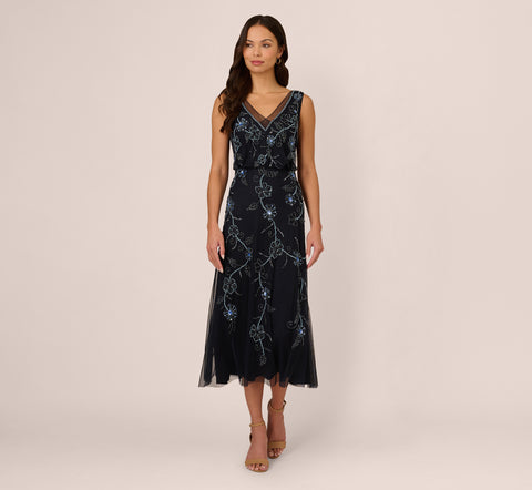 Sleeveless Beaded Blouson Midi Dress In Midnight Multi