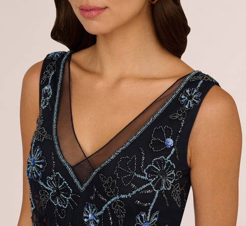 Sleeveless Beaded Blouson Midi Dress In Midnight Multi