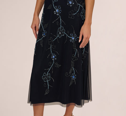 Sleeveless Beaded Blouson Midi Dress In Midnight Multi