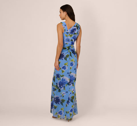 Asymmetrical Draped Floral Chiffon Gown In Blue Multi