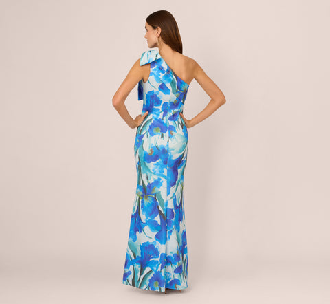 One Shoulder Floral Print Mermaid Gown In Blue Multi