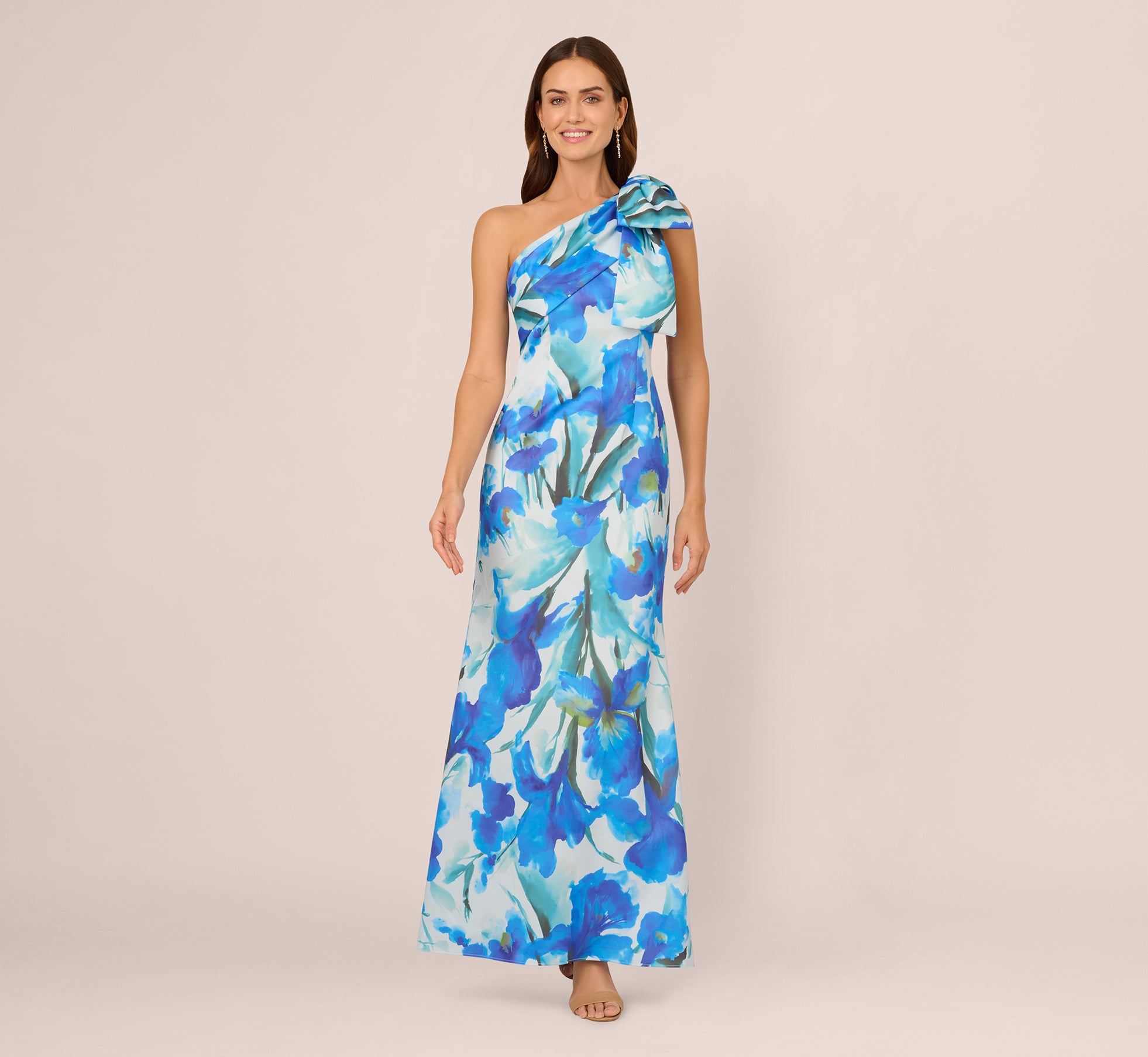 One Shoulder Floral Print Mermaid Gown In Blue Multi 1