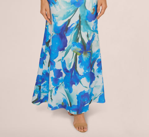 One Shoulder Floral Print Mermaid Gown In Blue Multi